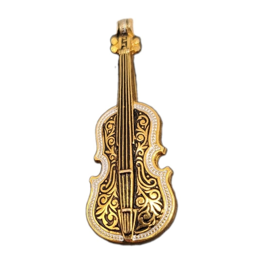 Vintage Gold Tone Damascene Violin Instrument Brooch Rhinestone inlay